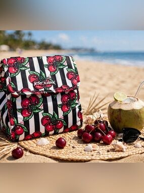 Betsey Johnson Black & White Stripe Cherry Insulated Bag with Red Cherry Print